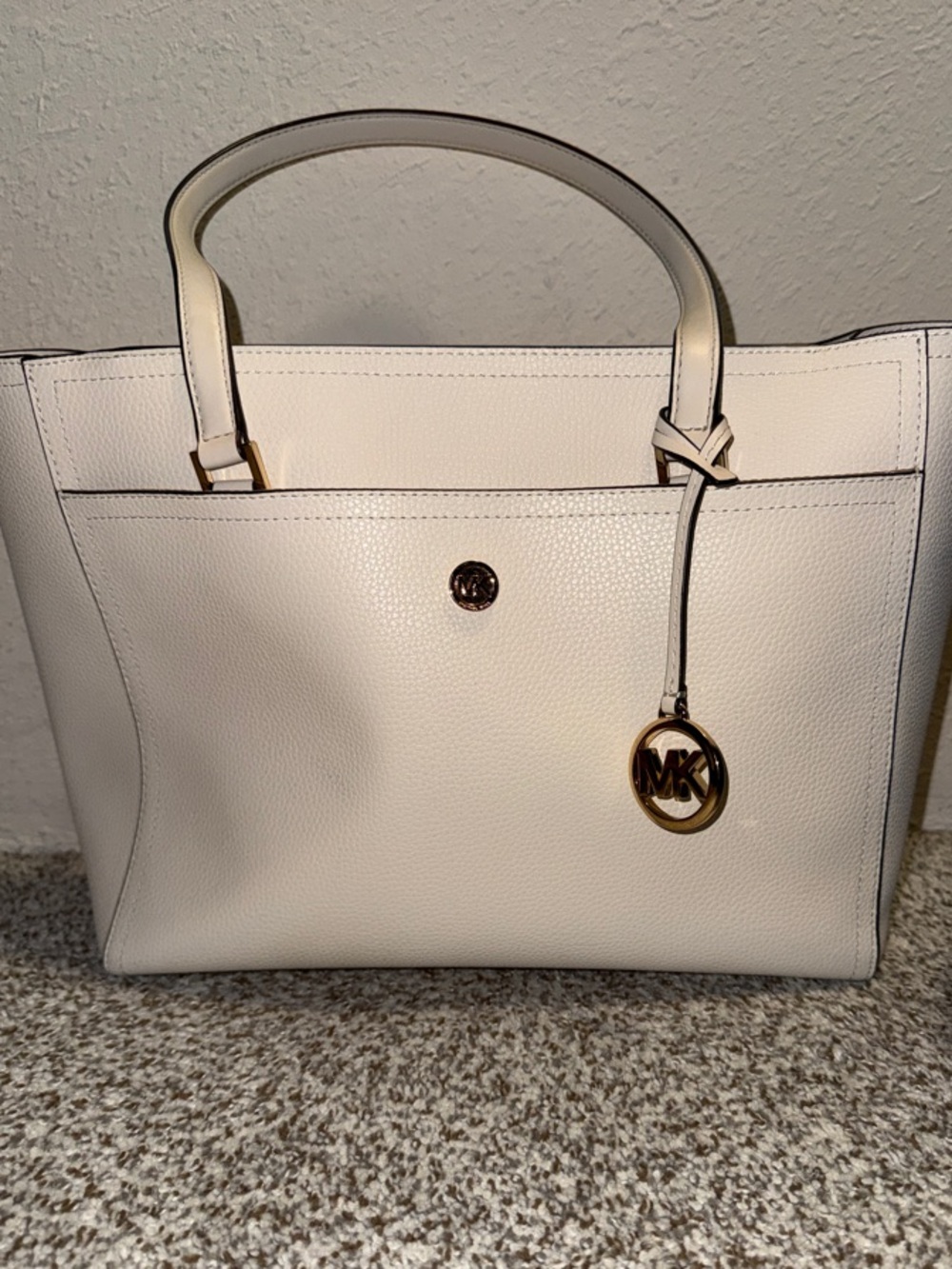 Michael Kors Cream Pebbled Leather Tote with Gold MK Charm